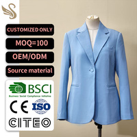 Fabricant de blazers pour femmes sur mesure OEM ODM, bleu clair, manches longues, col à revers, bouton unique
