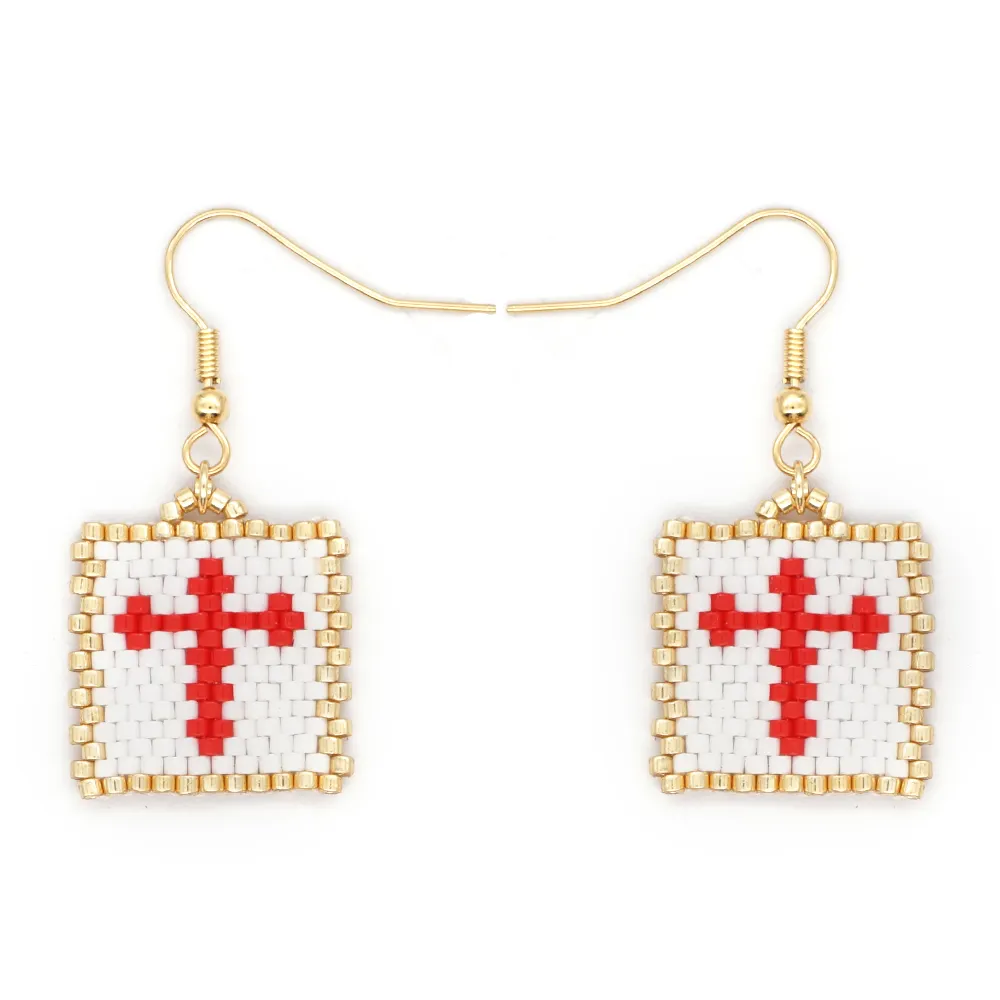 Go2BoHo Miyuki Dangle Earring Handmade Woven Saint George's Red Cross Charm Drop Earrings for Women Earing Fashion Jewelry