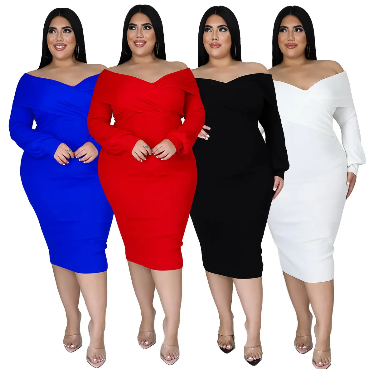 GURUISI Plus Size Women dresses Fashionable sexy solid color strapless backless shoulder pile sleeve large size dress