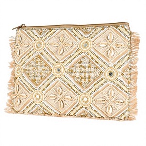 Beaded Embroidered Clutch Bag Bohemian Style Zipper Closure Handmade Unisex Beige Fringe Detail Large Size <b>Coin</b> <b>Purses</b> - Product Image 1