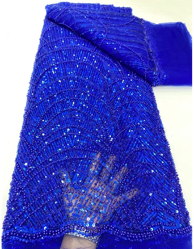 Tessuto di lusso con perline e perle in tinta unita blu reale in Tulle ricamato con paillettes in pizzo a rete francese per abito da festa