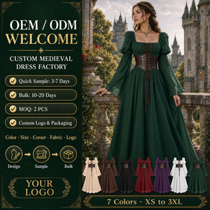 Robe médiévale et Renaissance personnalisée pour femme, col carré, corset à lacets, manches cloche évasées, robe longue, OEM ODM Marque Privée - Product Image 1