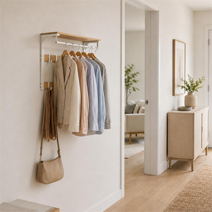 Wholesale 3-in-1 Wooden Wall Mounted Coat Rack Multi-functional <b>Clothes</b> Rail Hat Hook <b>Storage</b> for Entryway - Product Image 2