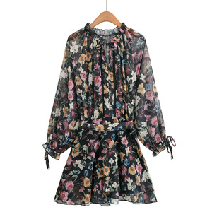 Vestido Mini Casual de Moda para Mujer, Cuello Redondo, Manga Larga, Estampado Floral, Lazos, Color Negro, Nueva Moda 2026 - Product Image 6