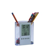 Porte-stylo transparent multifonctionnel avec affichage de l'heure, calendrier électronique perpétuel et impression de logo personnalisable