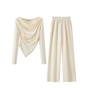 Nouvel ensemble 2 pièces pour femme : T-shirt uni à taille irrégulière et pantalon décontracté ample à taille haute – Tendance - Product Image 6