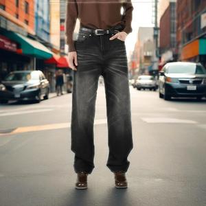 กางเกงยีนส์ขาบานสำหรับผู้ชายและผู้หญิงกางเกงยีนส์ซักกลางเอวทรงหลวมสไตล์ย้อนยุคอเมริกัน - Product Image 1