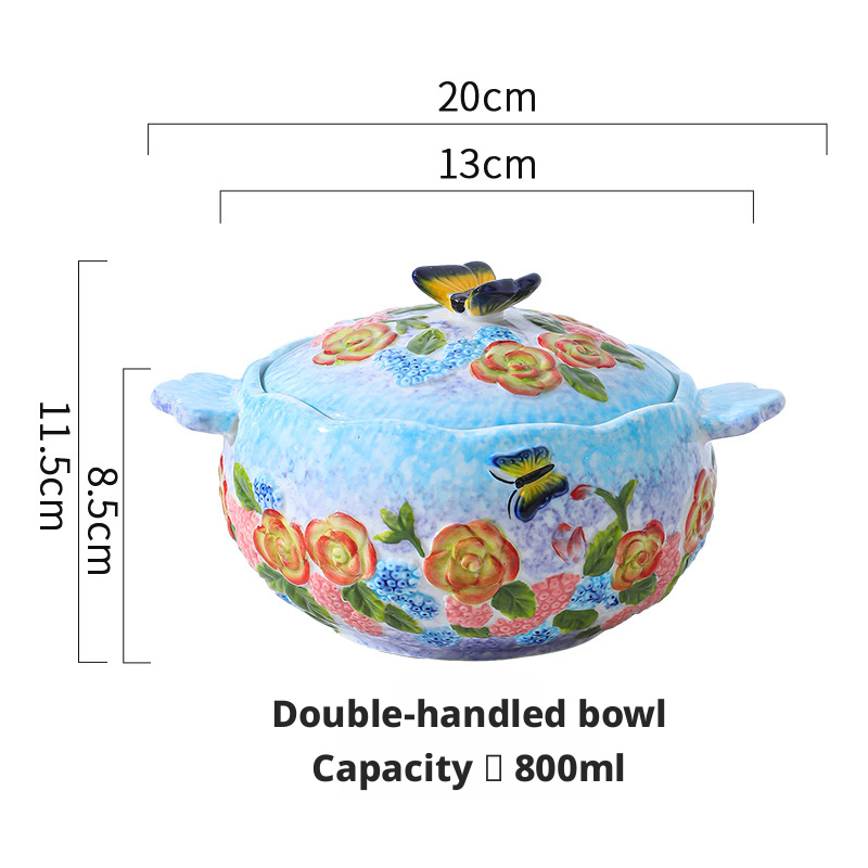 blue Butterfly flower-8 inch double ear soup pot