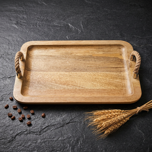 Bandeja Rectangular Moderna Hecha a Mano con Asas de Cuerda, Bandeja de Madera para Almacenamiento de Alimentos con Cuero de Bambú, Material de Metal de Acacia - Product Image 1