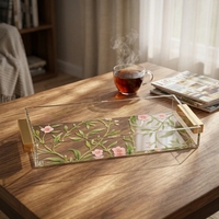 Plateau de rangement de luxe léger en acrylique transparent imprimé floral avec poignée à bord doré pour cosmétiques de salle de bain et de bureau