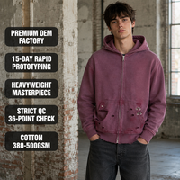 Sweat à capuche zippé intégral en molleton de coton épais 420 GSM, personnalisé, couleur prune, délavé, effet vieilli, avec anneau métallique perforé et bords effilochés, pour homme, style Grunge Hip Hop