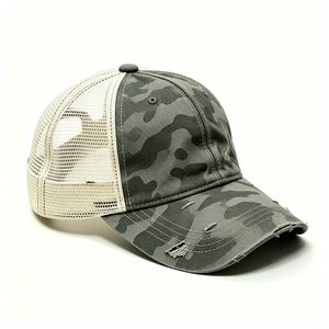 Distressed Camo Canvas Trucker <b>Hat</b> Washed Mesh Back Trucker <b>Cap</b> Vintage Ripped Curved Brim Outdoor Fashion Custom Logo - Product Image 3