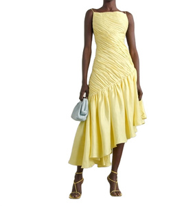 Abito lungo da donna elegante estivo con spacco aperto sul retro regolabile Slim giallo increspato asimmetrico da donna in <span class=keywords><strong>misto</strong></span> <span class=keywords><strong>lino</strong></span> - Product Image 1