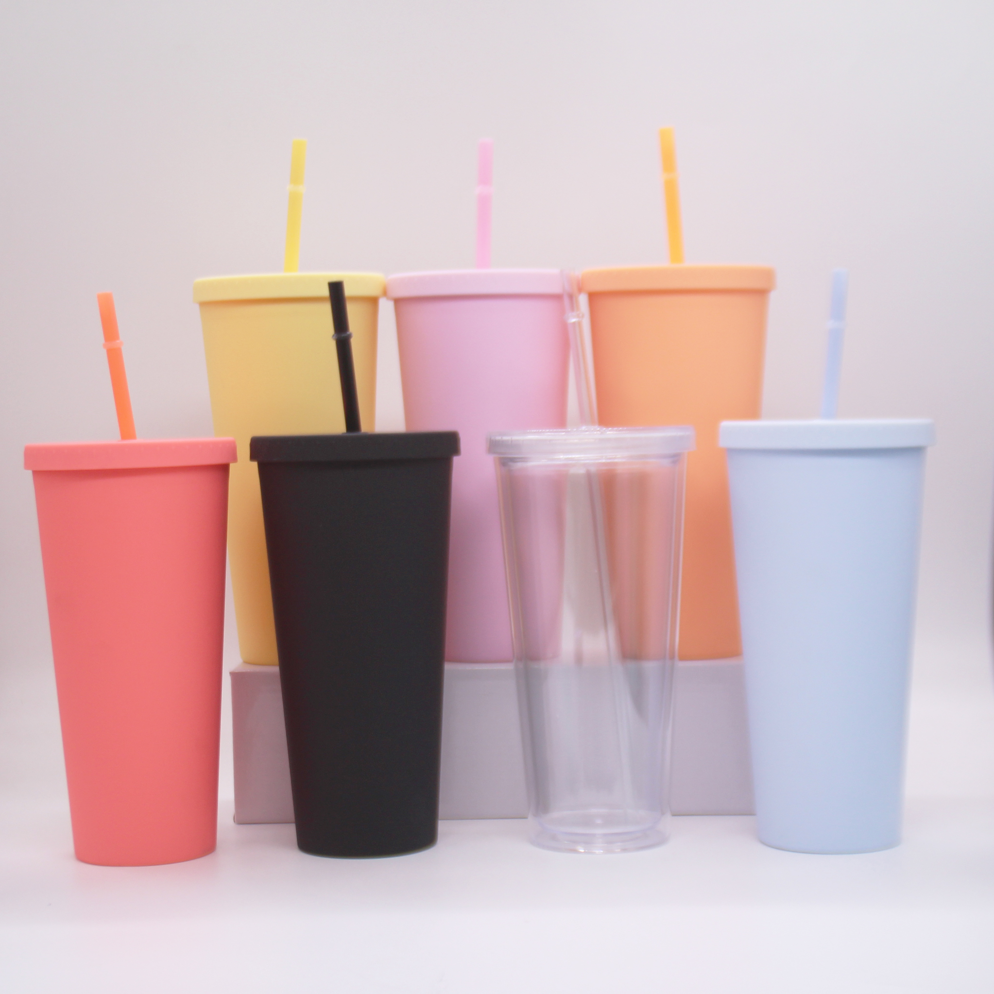 Tumblers With Lids (4 Pack) 24oz Colored Acrylic Reusable Cups With Lids And Straws Double Wall Matte Plastic Bulk Tumblers