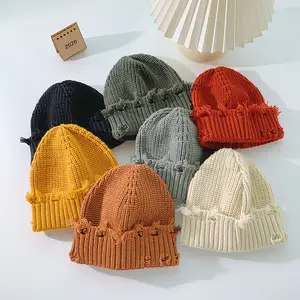 New fashion distressed crochet beanie winter hat knitted cuff beanie wool solid white winter cap