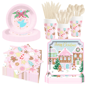 DAMAI Christmas Party Supplies Pink Gingerbread Party Decorations Gingerbread House Cookie Christmas Disposable Tableware Set - Product Image 3