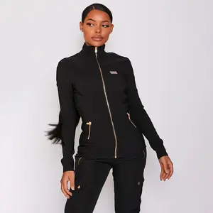 Bestex livraison accélérée nouveau col haut femmes infirmière médicale uniforme couche de finition Stretch à manches longues gommage fermeture éclair gommage veste