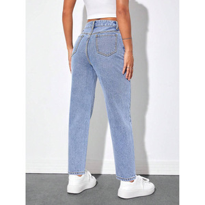 Plus Size Women's Light Blue Straight Leg <b>Jeans</b> High <b>Elasticity</b> Crouching <b>Waist</b> Japanese Korean Leisure Style - Product Image 2