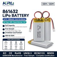 Batterie LiPo KRL 861632 380mAh 3.7V certifiée FCC CE KC, protégée par circuit intégré, pour appareil IoT, capteur intelligent, module RFID, OEM Japon