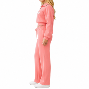 Ensemble de survêtement rose personnalisé pour femme avec sweat-shirt court à fermeture éclair et pantalon large à cordon de serrage, ensemble deux pièces élégant - Product Image 4