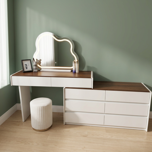 Modern Makeup <b>Vanity</b> <b>Table</b> with Lighted <b>Mirror</b> White MDF Storage Desk for Bedroom Furniture - Product Image 2