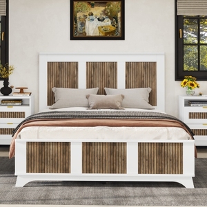 Farmhouse Wooden Platform Queen Size <b>Bed</b>, Modern Platform <b>Bed</b> with Wooden Strip Decoration, Plywood Slats Support - Product Image 5