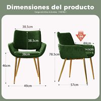 4 chaises de salle à manger en tissu vert avec dossier et accoudoirs, pieds dorés, salle à manger/cuisine, stable, 150 kg