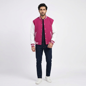FINER THREADS Custom Pink <b>White</b> <b>Men's</b> Winter Varsity <b>Jacket</b> Stand Collar Breathable Embroidered Baseball Fashion College Uniform - Product Image 1