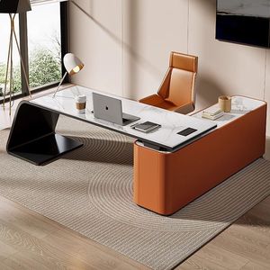 Juego de Silla y Escritorio de Oficina de Estilo Italiano, de Alta Gama, Ligero y Lujoso, con Estantería, Material de PVC, Saludable para la Oficina - Product Image 4
