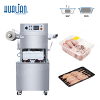 Máquinas Hualian HVT-450M/2 Industriales para Envasado al Vacío en Bandeja con Piel y Empaque en Atmósfera Modificada (MAP) con Succión de Aire e Inyección de Gas para Carne y Alimentos
