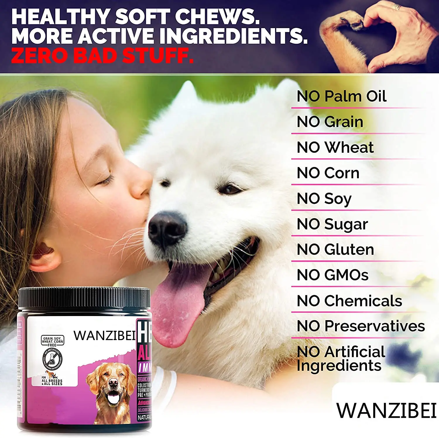 WANZIBEI-개 알레르기 완화 치료 유기 초유 비타민 C 및 Probiotics-개 가려움 릴리프 및 면역 지원