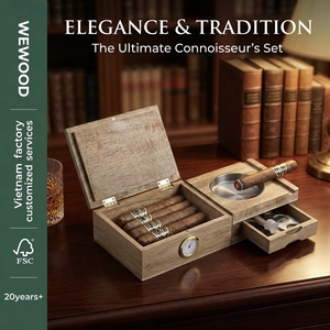Cendrier en bois personnalisé, boîte humidor à cigares en bois, fabricant de coffrets cadeaux pour cigares avec cendrier et support pour verre à whisky, fournisseur Vietnam - Product Image 1