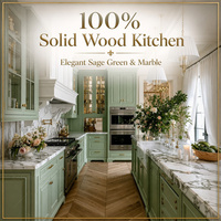 Ensemble d'armoires de cuisine en bois massif de style européen modulaire personnalisé avec finition brillante, cuisine de villa et îlot en marbre