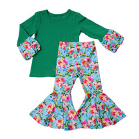 Ensembles de Vêtements pour Filles Style Doux à Motifs Floraux Respirants, Haut à Manches Patchwork et Pantalons Patte d'Éléphant, 2 Pièces, Vente en Gros