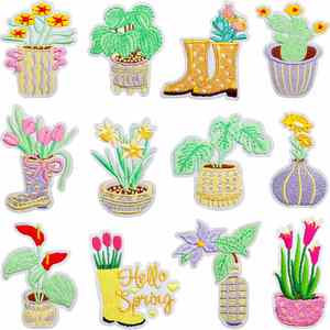Patchs thermocollants brodés mignons de plantes en pot et de fleurs pour vêtements de garçons et de filles, et décoration de sacs - Product Image 1