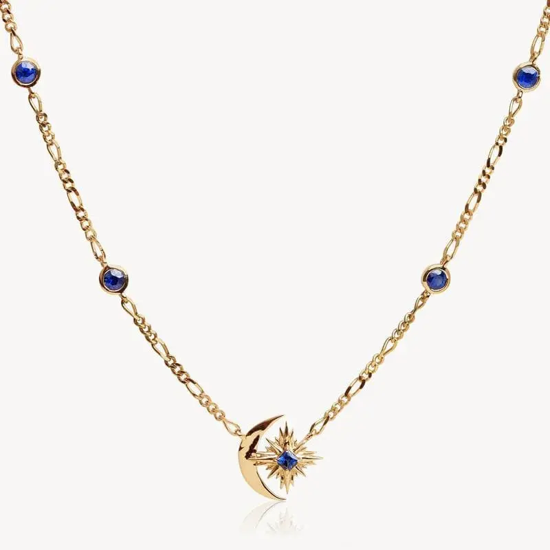 Colar de joias fashion em aço inoxidável banhado a ouro com gemas azuis estrela e lua