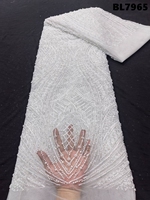 Tissu en dentelle blanche brodé de perles et de sequins faits main de luxe pour robes de mariée, de soirée et accessoires en tulle perlé pour filles