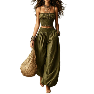 Kadınlar için İki Parçalı Yazlık Eşleşen Takımlar, Büzgülü Crop Top ve Aladdin Harem Pantolon Seti, Tatil Kıyafetleri 2026 - Product Image 6