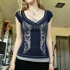 T-shirt en tricot rayé à blocs de couleur pour femmes, imprimé ailes, col rond, manches courtes, haut décontracté à la mode - Product Image 5