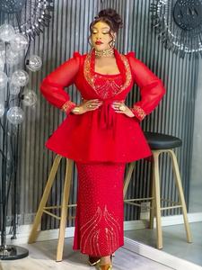 Completi Africani a Due Pezzi per <span class=keywords><strong>Donna</strong></span>, Outfit con Scollo a V, Maniche Lunghe a Lanterna, Allacciatura, Aderente sui Fianchi, Elegante <span class=keywords><strong>Abbigliamento</strong></span> <span class=keywords><strong>da</strong></span> <span class=keywords><strong>Ufficio</strong></span> e per Cocktail Party - Product Image 4