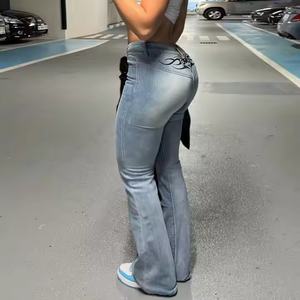 Jean évasé sexy pour femme, style décontracté déchiré, taille mi-haute élastique, en denim, taille XL - Product Image 1