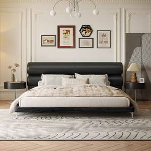 Lit nuage inspiré du milieu du siècle 2026, revêtement en cuir pleine fleur <span class=keywords><strong>noir</strong></span> sucré, lit de mariage pour chambre principale, style minimaliste italien - Product Image 1