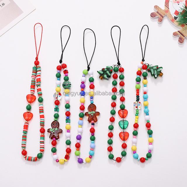 Wholesale Christmas Fashion Beaded Phone Charm Cell Phone Keychain Wrist Lanyard for Smartphone Mobile Phone Straps
