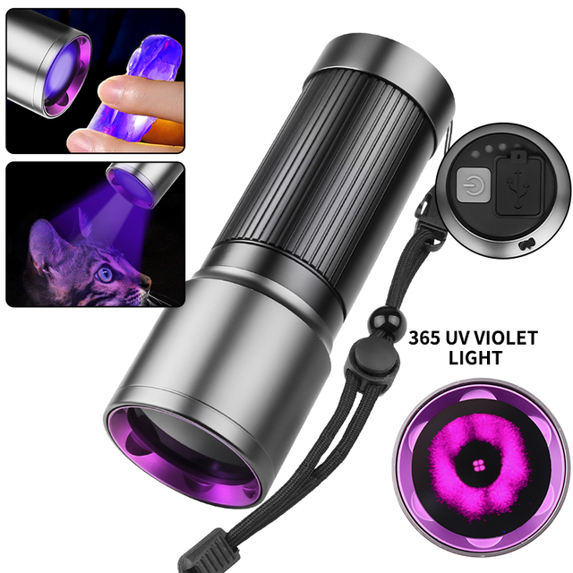 USB-C Aluminum Alloy Ultraviolet Torch Light Inspection Flashlight Pet Cat Urine Detector LED Rechargeable UV Flashlight 365nm