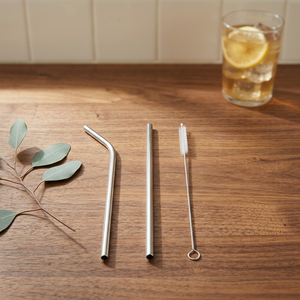 Metal <b>Drinking</b> <b>Straws</b> Set of 3 Reusable Minimalist Bar Accessories Straight and Bent Design Pink Tone - Product Image 2