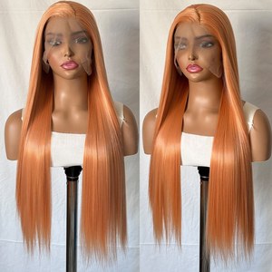 Peluca de encaje frontal sintética premium HD 13*4 al por mayor, cabello largo y liso naranja de fibra resistente a altas temperaturas, servicio OEM con logotipo personalizado <span class=keywords><strong>COS</strong></span> - Product Image 2