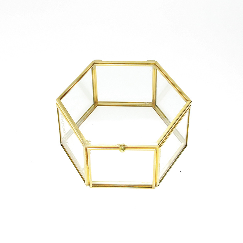 Красивая Шестигранная прозрачная Геометрическая шкатулка ручной работы, шкатулка для хранения ювелирных изделий, коробка из золотого стекла