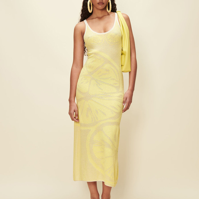 New Design Lemon Print Knit Dress Casual Elegant Women's Dresses Slip Tight Dress
