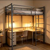 Lit superposé minimaliste de style moderne avec cadre en acier, bureau et armoire intégrés pour chambre d'étudiant ou appartement