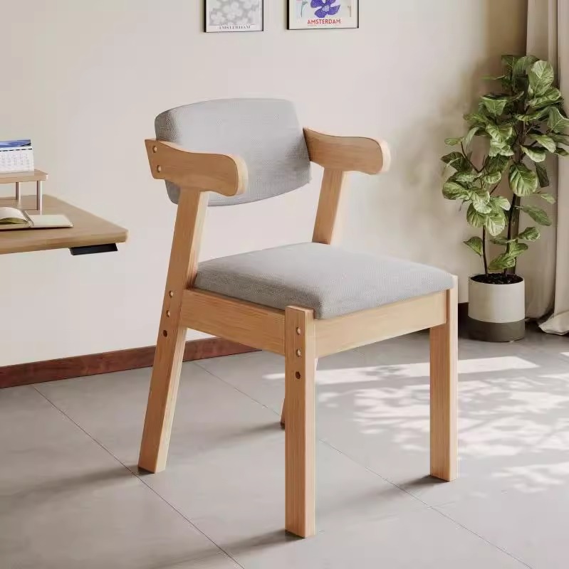 Solid wood in natural wood color + light gray fabric upholstery
